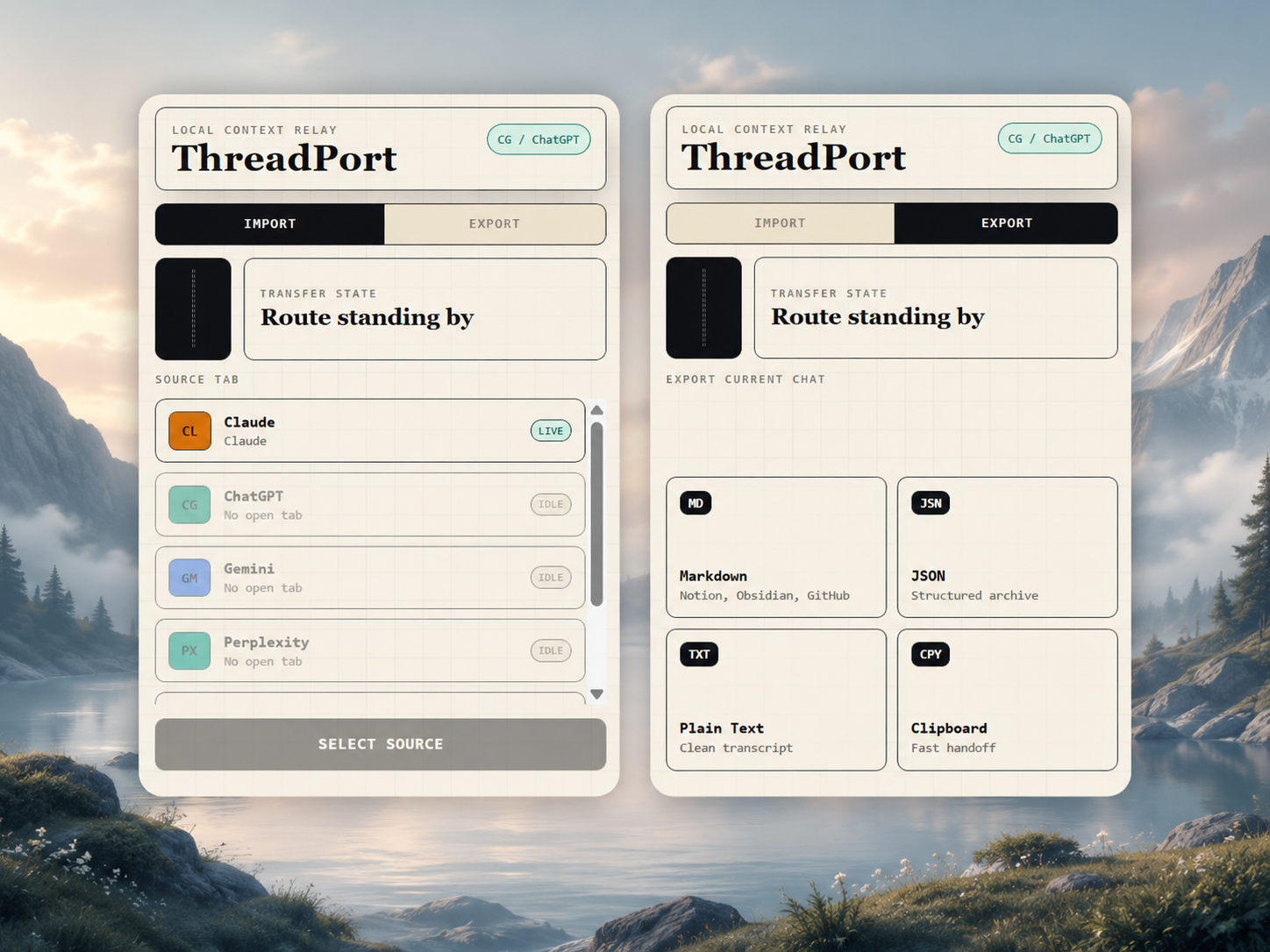 ThreadPort Chrome extension import and export interface